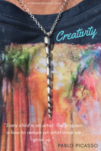 Load image into Gallery viewer, Inspiring Quote about creativity. “Every child is an artist. The problem is how to remain an artist once we grow up” Pablo Picasso. Unicorn necklace by How Fine Designs 
