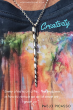 Load image into Gallery viewer, Inspiring Quote about creativity. “Every child is an artist. The problem is how to remain an artist once we grow up” Pablo Picasso. Unicorn necklace by How Fine Designs
