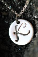 Load image into Gallery viewer, Silver Initial Monogram necklace on a silver chain all letters a to z