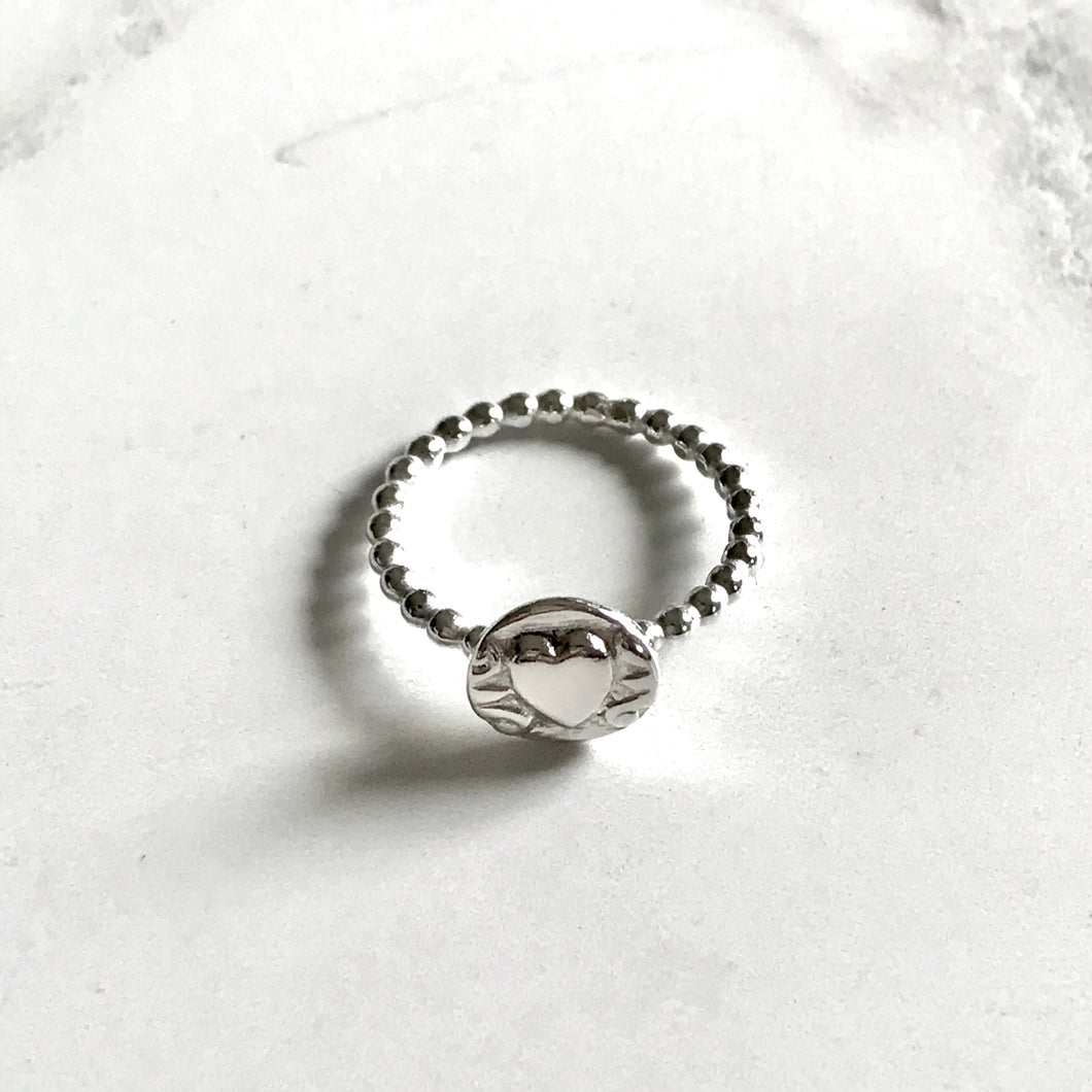 Tiny Love Heart Ring Sterling Silver on Beaded Silver Band